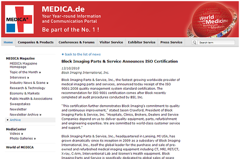 Block Imaging Parts & Service Announces ISO Certification